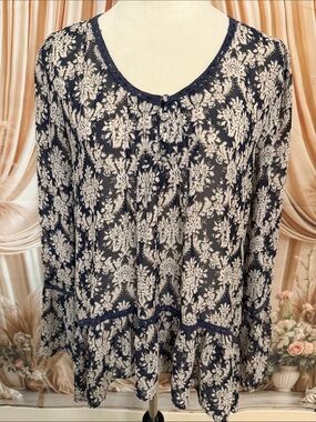Blu Pepper Navy and White Floral Sheer Peasant Tunic